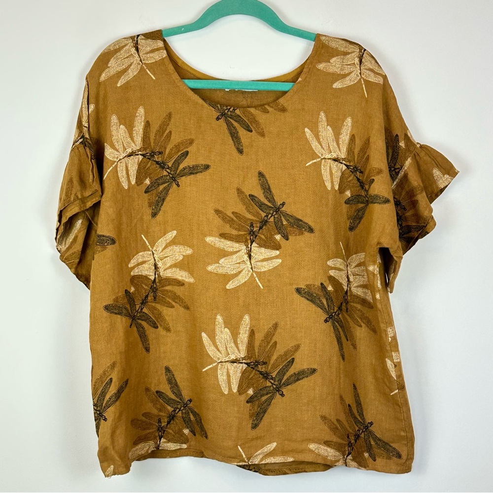 Elena Baldi Italy Dragonfly Linen Flutter Sleeve Boho Beach Blouse Sz M
